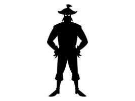 Black silhouette of cartoon pirate standing isolated on white background. Concept of pirate, Halloween, seafaring character, adventurous figure, kids illustration. Print, design element, graphic art vector