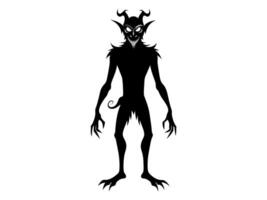 Black silhouette of devil character isolated on a white background. Concept of Halloween, fantasy creature, mythical demon, villainous imp, digital art. Print, illustration, design element vector