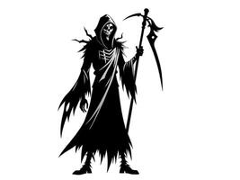 Black silhouette of the Grim Reaper isolated on a white background. Concept of death, spooky figure, minimalist style, Halloween. Print, digital art, illustration, design element vector