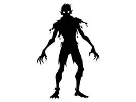 Black silhouette of scary cartoon zombie creature isolated on a white background. Concept of undead monsters, horror illustration, Halloween character, spooky design element. Print, art vector