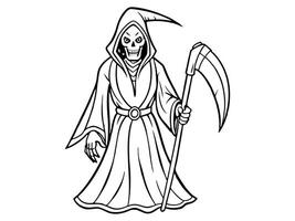 Black outline of the Grim Reaper isolated on a white background. Concept of death, spooky figure, minimalist style, Halloween. Print, digital art, illustration, design element vector