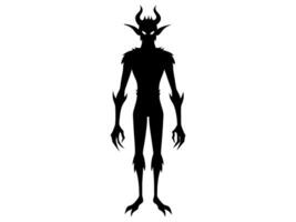 Black silhouette of devil character isolated on a white background. Concept of Halloween, fantasy creature, mythical demon, villainous imp, digital art. Print, illustration, design element vector