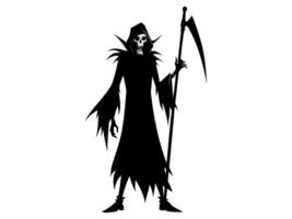 Black silhouette of the Grim Reaper isolated on a white background. Concept of death, spooky figure, minimalist style, Halloween. Print, digital art, illustration, design element vector