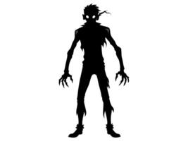 Black silhouette of scary cartoon zombie creature isolated on a white background. Concept of undead monsters, horror illustration, Halloween character, spooky design element. Print, art vector