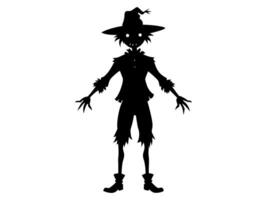 Black silhouette of cartoon scarecrow with witch hat and attire isolated on white background. Concept of Halloween, autumn, spooky character, farm decoration. Print, digital art, design element vector