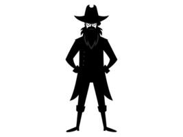 Black silhouette of cartoon pirate standing isolated on white background. Concept of pirate, Halloween, seafaring character, adventurous figure, kids illustration. Print, design element, graphic art vector