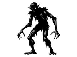 Black silhouette of scary cartoon zombie creature isolated on a white background. Concept of undead monsters, horror illustration, Halloween character, spooky design element. Print, art vector