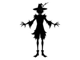 Black silhouette of cartoon scarecrow with witch hat and attire isolated on white background. Concept of Halloween, autumn, spooky character, farm decoration. Print, digital art, design element vector