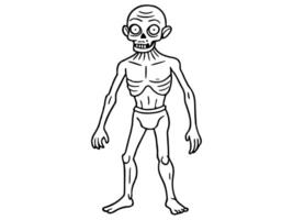 Black outline of scary cartoon zombie creature isolated on a white background. Concept of undead monsters, horror illustration, Halloween character, spooky design element. Print, art, coloring page vector