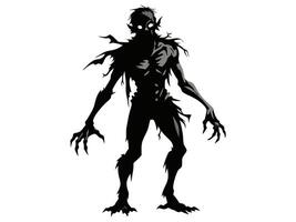 Black silhouette of scary cartoon zombie creature isolated on a white background. Concept of undead monsters, horror illustration, Halloween character, spooky design element. Print, art vector