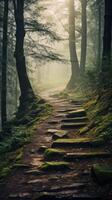 Enchanting Forest Path in Morning Mist. . photo