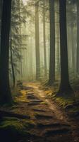 Enchanting Forest Path in Morning Mist. . photo
