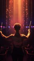 A young woman confidently leads an orchestra with a baton. Concept of musical talent. . photo