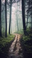 Enchanting Forest Path in Morning Mist. . photo