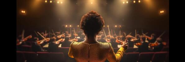 A young woman confidently leads an orchestra with a baton. Concept of musical talent. . photo