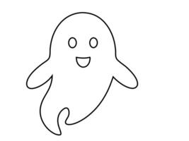 Black outline of funny smiling adorable ghost isolated on white background. Concept of spooky spirit, Halloween symbol, minimalist design, cute phantom. Print, icon, design element, coloring page vector