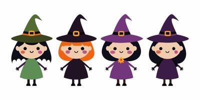 Set of Cute Witch Characters with Colorful Hats Isolated on White Background, Concept of Halloween, Feminine Magic, Character Illustration, Whimsical Style. Print, design elements. vector