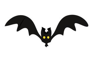Black silhouette of bat with glowing eyes and spread wings isolated on white background. Concept of Halloween symbol, nocturnal creature, minimalist style, vampire bat. Print, icon, design element vector