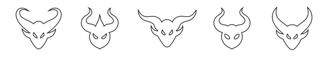 Set of Black outlines of a devil faces isolated on a white background. Demon heads with horns. Concept of Halloween, monster, fantasy, minimalist style, fierce, evil. Print, icon, design element. vector