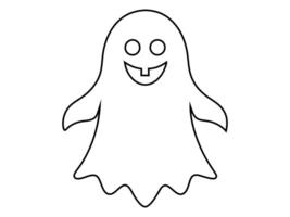 Black outline of funny smiling adorable ghost isolated on white background. Concept of spooky spirit, Halloween symbol, minimalist design, cute phantom. Print, icon, design element, coloring page vector