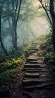 Enchanting Forest Path in Morning Mist. . photo