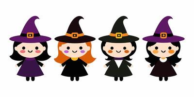 Set of Cute Witch Characters with Colorful Hats Isolated on White Background, Concept of Halloween, Feminine Magic, Character Illustration, Whimsical Style. Print, design elements. vector