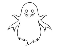 Black outline of funny smiling adorable ghost isolated on white background. Concept of spooky spirit, Halloween symbol, minimalist design, cute phantom. Print, icon, design element, coloring page vector