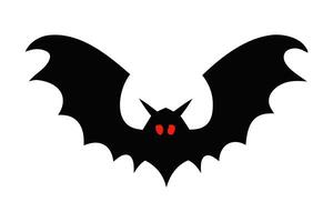 Black silhouette of bat with glowing eyes and spread wings isolated on white background. Concept of Halloween symbol, nocturnal creature, minimalist style, vampire bat. Print, icon, design element vector