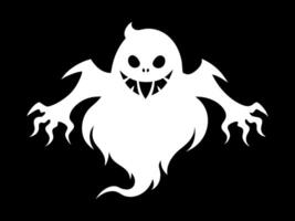 White silhouette of ghost isolated on black background. Concept of spooky spirit, Halloween symbol, minimalist style, eerie apparition, horror, sinister poltergeist. Print, icon, design element vector