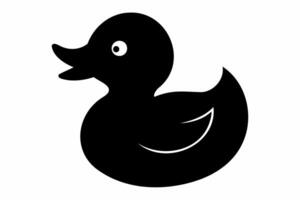 Black silhouette of a rubber duck isolated on a white background. Bath toy duck icon. Concept of minimalism, bath toy, simple design. Print, icon, logo, template, design element. Graphic art vector