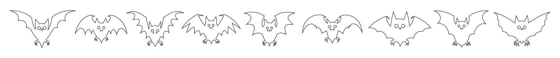 Set of Black outlines of bats with spread wings isolated on white background. Concept of Halloween symbol, nocturnal creature, minimalist style, vampire bat. Print, icon, design element, coloring page vector