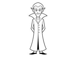 Black outline of vampire character isolated on white background. Concept of Halloween, Dracula, spooky figure, minimalist style, fantasy creature. Print, icon, design element, coloring page vector