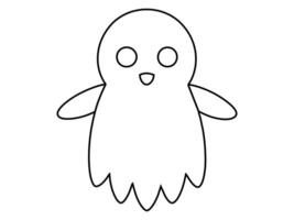 Black outline of funny smiling cute ghost isolated on white background. Concept of spooky spirit, Halloween symbol, minimalist design, cute phantom. Print, icon, design element, coloring page vector
