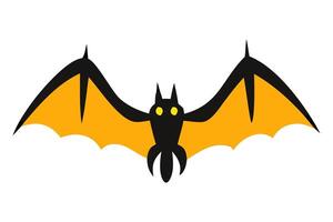 Black silhouette of a bat with glowing eyes and yellow wings isolated on a white background. Concept of nocturnal wildlife, Halloween symbol, minimalist style. Print, icon, design element. vector