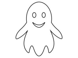 Black outline of funny smiling cute ghost isolated on white background. Concept of spooky spirit, Halloween symbol, minimalist design, cute phantom. Print, icon, design element, coloring page vector