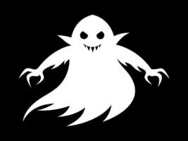 White silhouette of ghost isolated on black background. Concept of spooky spirit, Halloween symbol, minimalist style, eerie apparition, horror, sinister poltergeist. Print, icon, design element vector