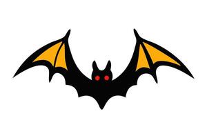 Black silhouette of a bat with red eyes and yellow wings isolated on a white background. Concept of nocturnal wildlife, Halloween symbol, minimalist style. Print, icon, design element. vector