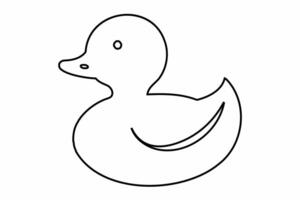Black outline of a rubber duck isolated on a white background. Bath toy duck icon. Concept of minimalism, bath toy, simple design. Print, icon, logo, template, design element, coloring page vector