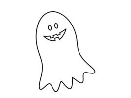 Black outline of funny smiling adorable ghost isolated on white background. Concept of spooky spirit, Halloween symbol, minimalist design, cute phantom. Print, icon, design element, coloring page vector