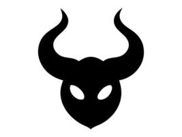 Black silhouette of a devil face isolated on a white background. Demon head with horns. Concept of Halloween, monster, fantasy, minimalist style, fierce, evil. Print, icon, design element. vector