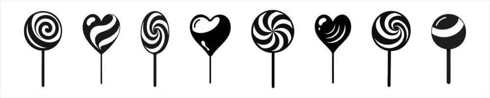 Set of Black silhouettes of lollipops. Isolated on white background. Sweet candy icons in a minimalist style. Concept of confectionery, dessert, festive treat. Print, design elements. Clip art. vector