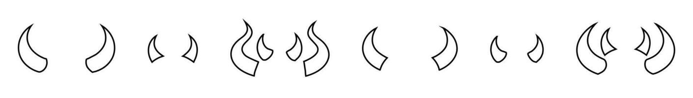 Set of Black outlines of devil horns with a curved shape design. Demon Horns. Halloween, evil, fantasy, spooky concept. Isolated on white background. Print, design element. vector
