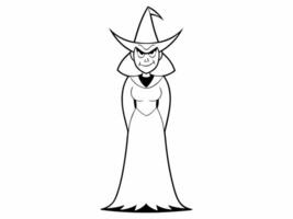 Black outline of a witch isolated on a white background. Concept of Halloween character, mythical sorceress, minimalist style, spooky figure. Print, icon, design element. vector