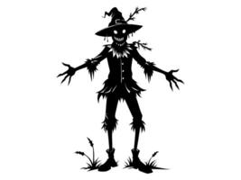 Black silhouette of cartoon scarecrow with witch hat and attire isolated on white background. Concept of Halloween, autumn, spooky character, farm decoration. Print, digital art, design element vector
