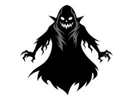 Black silhouette of ghost isolated on white background. Concept of spooky spirit, Halloween symbol, minimalist style, eerie apparition, horror, sinister poltergeist. Print, icon, design element vector