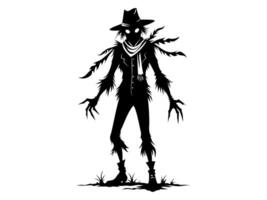Black silhouette of cartoon scarecrow with witch hat and attire isolated on white background. Concept of Halloween, autumn, spooky character, farm decoration. Print, digital art, design element vector