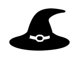 Black silhouette of a witch hat isolated on a white background. Wizard pointed hat. Concept of Halloween accessory, magic symbol, minimalist style, festive decor. Print, icon, design element. vector