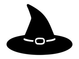 Black silhouette of a witch hat isolated on a white background. Wizard pointed hat. Concept of Halloween accessory, magic symbol, minimalist style, festive decor. Print, icon, design element. vector