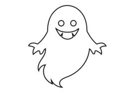 Black outline of funny smiling adorable ghost isolated on white background. Concept of spooky spirit, Halloween symbol, minimalist design, cute phantom. Print, icon, design element, coloring page vector