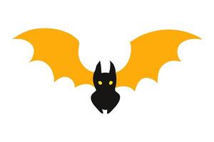 Black silhouette of a bat with glowing eyes and yellow wings isolated on a white background. Concept of nocturnal wildlife, Halloween symbol, minimalist style. Print, icon, design element. vector